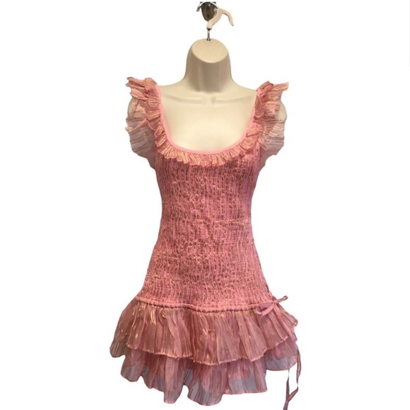 LoveShackFancy Gilded Violet Pink/Gold Gilded Ruffle- Shirred Mini Dress- sz M - Picture 3 of 13